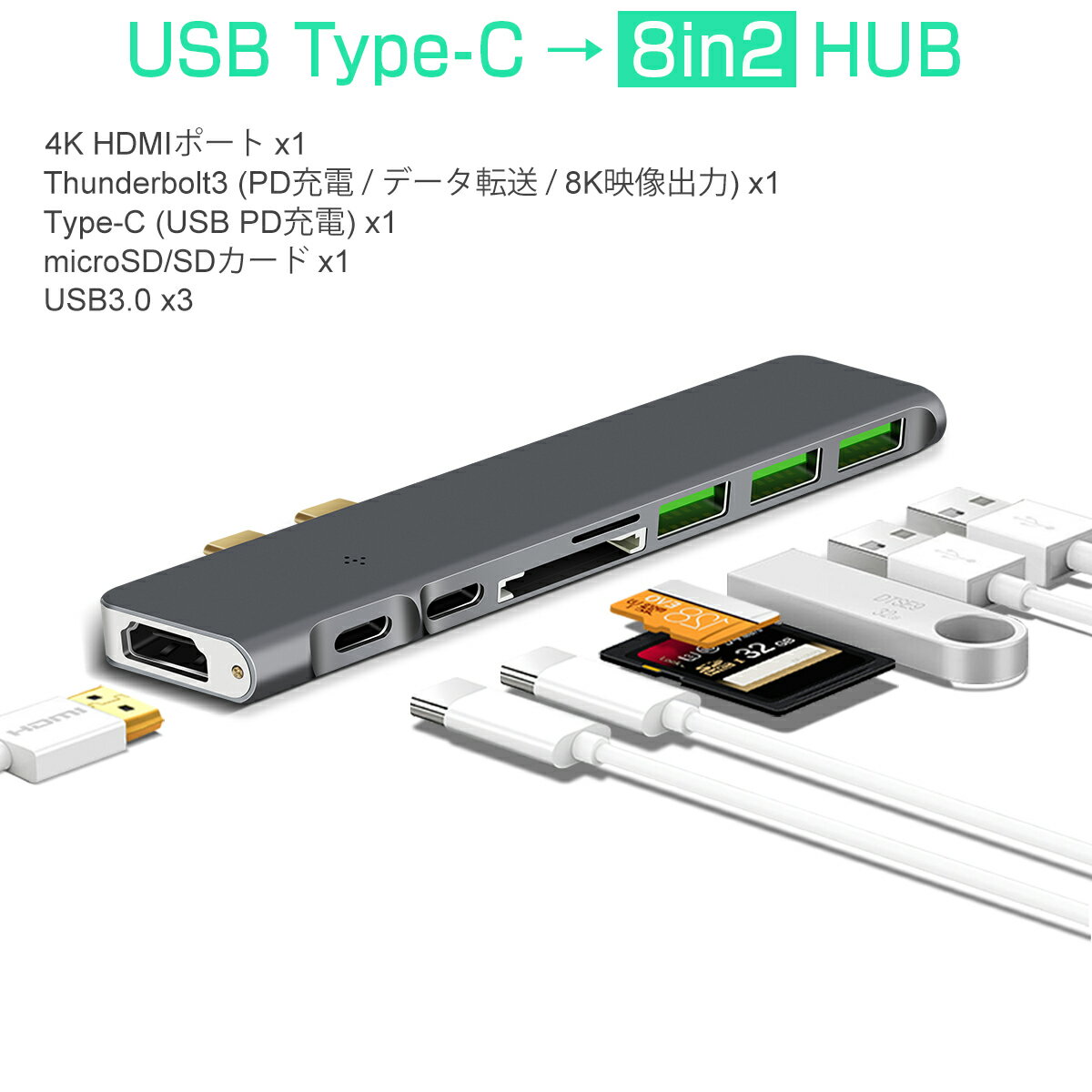 USB Type C MacBook Pro nu MacBook Air 2019Ή 8in1 4K HDMI Thunderbolt3 8Ko 40Gbps PD[d USB 3.0x3 microSD SDXbg g ϊ Xy[XOC MacBookɓރfUC݌v 3ۏ K&M