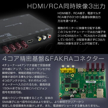 高画質フルHD 地デジチューナー FAKRAコネクター HDMI 4チューナー 4アンテナ フルセグ ワンセグ 自動切換 150km/hまで受信 古い車載TVやカーナビにも使える 12V/24V対応 アンテナ miniB-CASカード付き 宅配便送料無料 1年保証 K&M