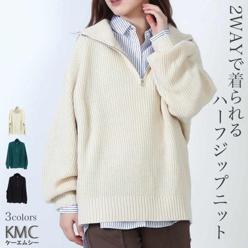 【クーポンで10%OFF 11/24まで】ニット ハーフジップ ビッグカラー風 トップス レディース セーター タートルネック ハイネック オーバーサイズ プルオーバー ロング ドロップショルダー タートル ジップ ゆったり 畦編み 大きいサイズ ブラック 秋 冬 【送料無料】のサムネイル