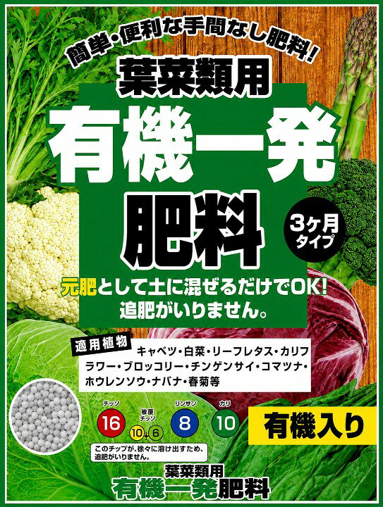 商品のパッケージは予告なく変更する場合がございます。 【特長】 ●有機質20％、葉菜類用の肥料です。 ●溶け出す時期の異なる被覆肥料を数種類混ぜているので 収穫まで肥料が効き、追肥が不要です。 【成分】 　チッソ…16　リンサン…8　カリ…10 ○キャベツ　○白菜　○リーフレタス　○カリフラワー○ブロッコリー　 ○チンゲンサイ　○コマツナ　○ナバナ　○春菊　　他　