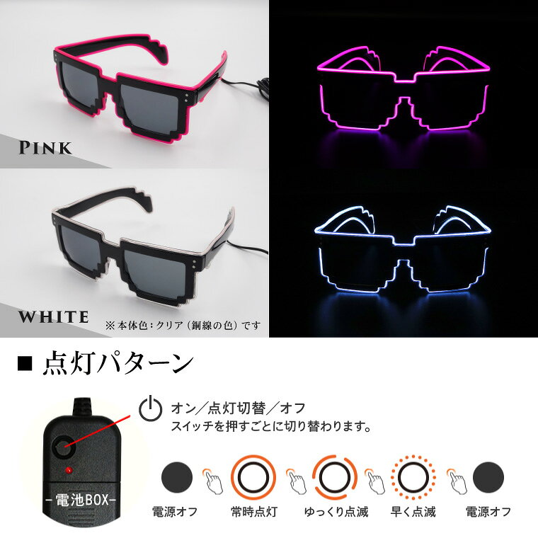 楽天市場 光るサングラス ピクセル メガネ 電池ボックス付 全5色 El ワイヤー Led サングラス パーティーグッズ おもしろ めがね 眼鏡 ハロウィン コスプレ ダンス 結婚式 余興 学園祭 衣裳 仮装 クリスマス フェス イベント クラブ バラエティ本舗