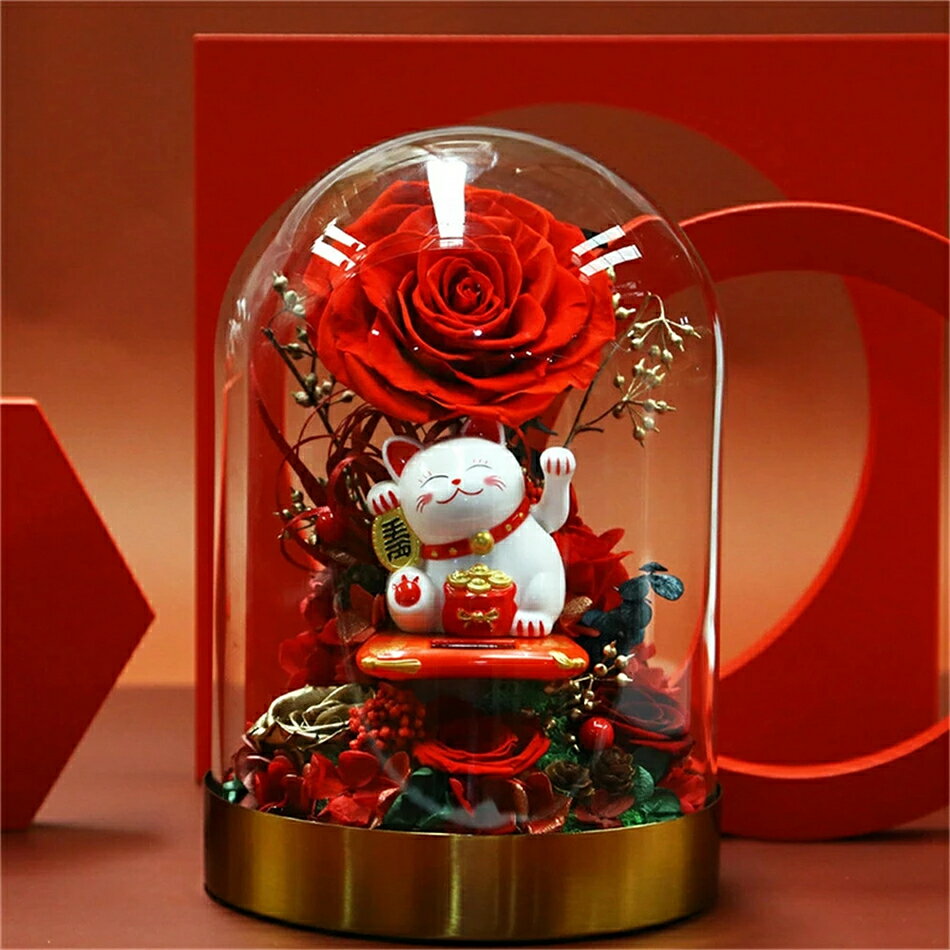 プリザーブドフラワー バラ ガラス お祝い 赤　猫 お花 贈り物 恋人 母 妻 新築祝い 結婚祝い