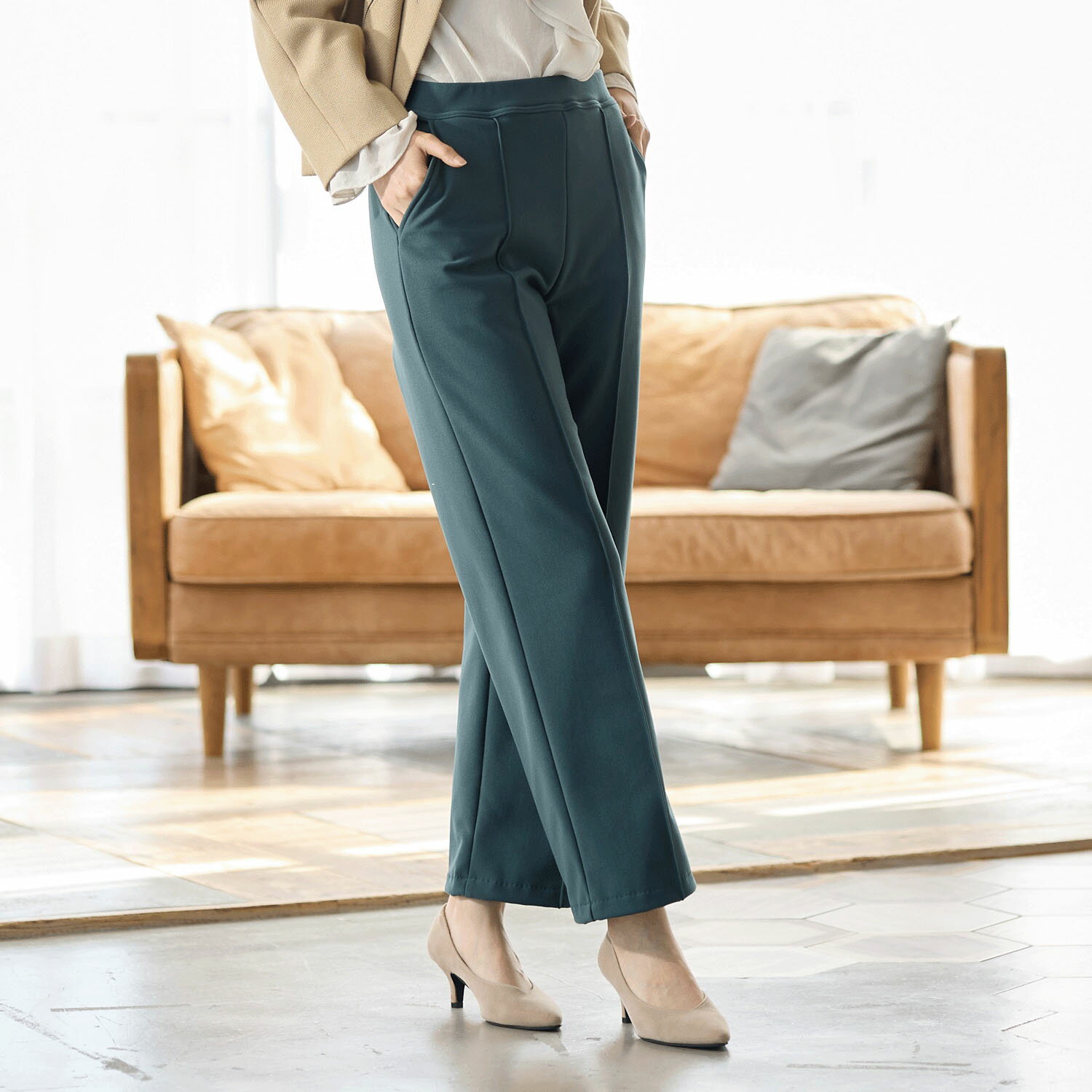 Reginetta スフレ起毛 ピンタックワイドストレート