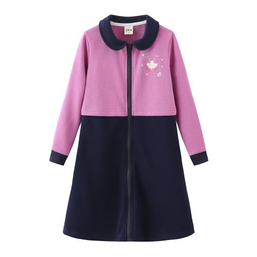[FairyMary] キッズ ジュニア 長袖 ジップアップ ワンピース/バレエ/レッスン着/普段着にも/切り替え (140, パープル＋ネイビー)のサムネイル