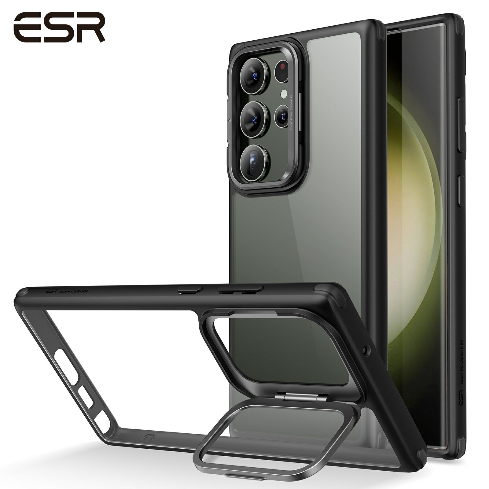 ESR Galaxy S23 / S23+ / S23 Ultra スタンドケース レンズスタンド内蔵 米軍MIL規格の落下防止 ワイヤレス充電対応 スリム スタンド付き クリアーブラック おしゃれ かわいい Classic Kickstand Case