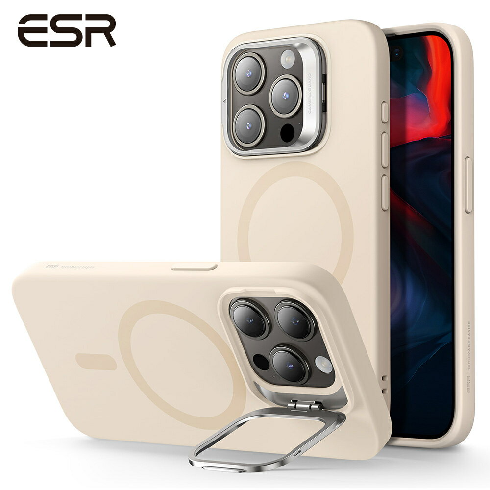 ESR iPhone 15 / 15 Plus / 15 Pro / 15 Pro Max ケース スタンド付き MagSafe シリコンケース ミリタリーグレードの保護 カメラ隠れスタンド内蔵 マグネットスマホケース イエロー Cloud Soft Case with Stash Stand (HaloLock) - Light Tan【国内正規品】