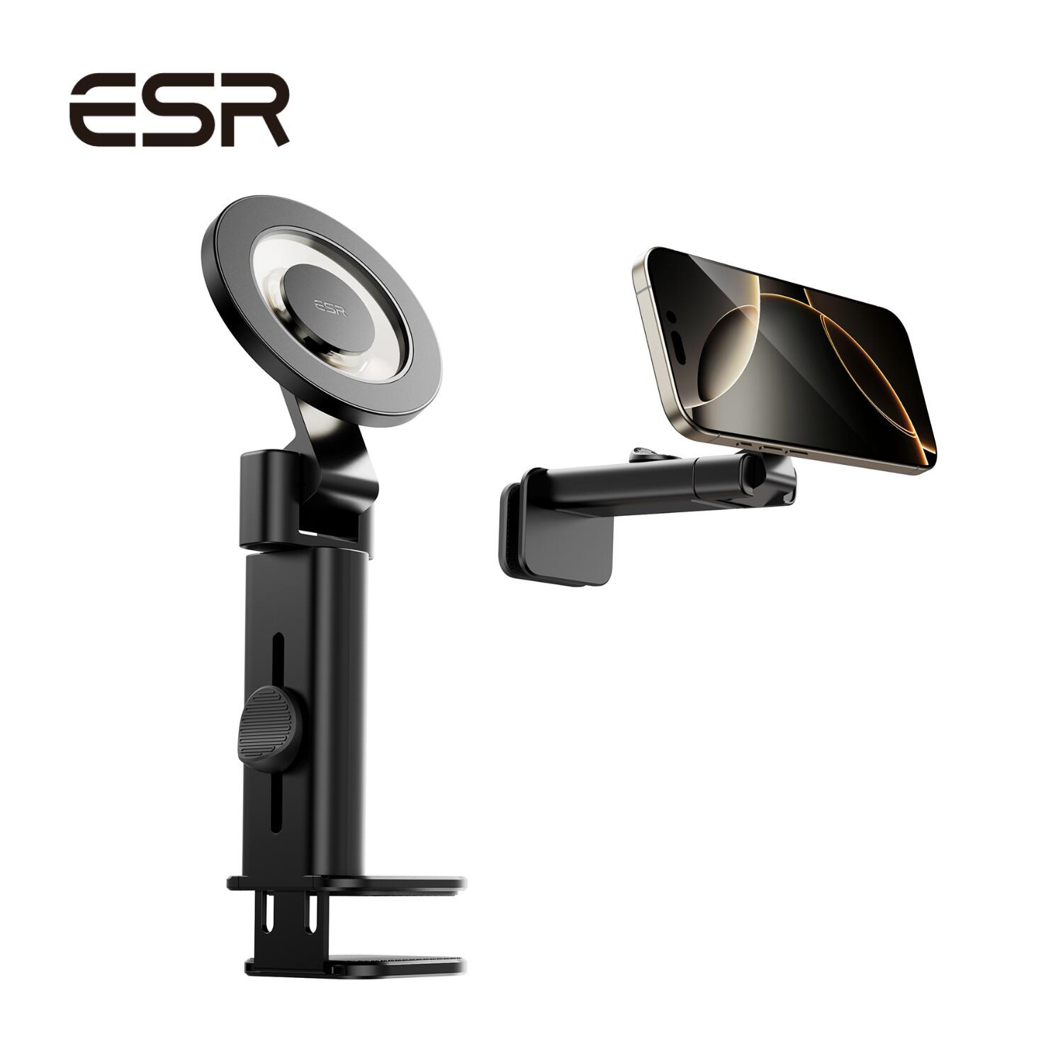 ESR MagSafe スタンド 飛行機スマホホルダー 旅行 便利グッズ スマホスタンド ホルダー クリップ式 スマホ固定アーム 片手操作 折りたたみ 携帯ホルダー リング付き iPhone 16 15 14 13 12、Samsung、Android対応 スマホホルダー1個入り ブラック【国内正規品】のサムネイル