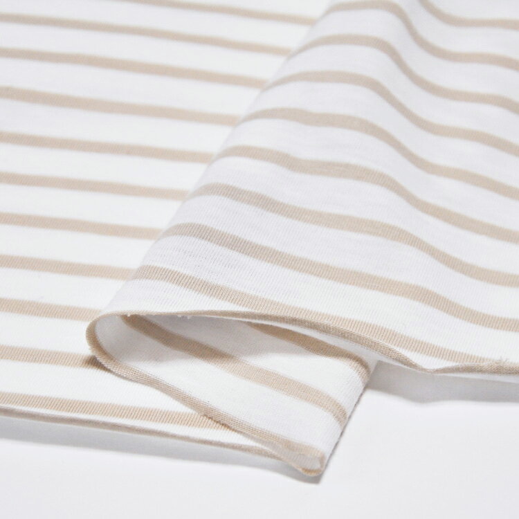 吸熱効果 キシリトール×吸水性ポリマー 38/1ハイゲージ天竺ボーダー ベージュ ボーダーニット ボーダー 生地 TSUYAKINセッシドクール使用「接触冷感」