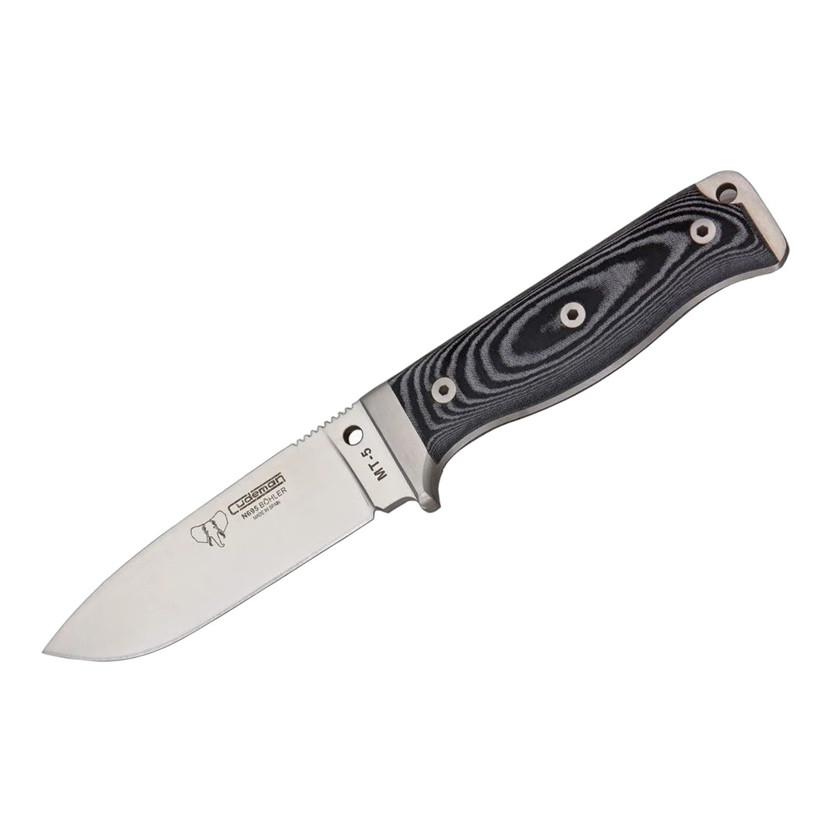 ■CUDEMAN【クードマン】■ MT5 サバイバルナイフ 【N695】【マイカルタ】フィックスド ■新品■ CUDEMAN　ハンティングナイフ「MT5」 ●ドロップポイント・ブレード 　　刃厚　5mm以上　安心ブレード 　　　フラットグラインド ●フルタング構造 　　頑丈なフルタング構造 ●マイカルタ・ハンドル 　　手に馴染む緩やかなグルーブデザイン 　　ランヤードホール付き ●レザーベルトシース付属 　　シースの仕様が異なる場合がございます Made in Spain メーカーはサバイバルナイフと謳っておりますが使い勝手の良いハンティングナイフです。激安でびっくりですね スペインのぞうさんブランド「クードマン」をどうぞ！！ Made in Spain ■商品■新品■ ■ブレード：約10.9cm（約5.1mm） ■全長：約22.6cm ■ブレードマテリアル：BOHLER N-695 ■ブレードハードネス：59/61 HRc ■ハンドルマテリアル：micarta ■ウエイト：約242g ■Made in Spain ■CUDEMAN【クードマン】■ MT5 サバイバルナイフ 【N695】【マイカルタ】フィックスド ■新品■ ■ ご購入前の注意点 ・製造時、輸送に伴う擦り傷、箱の凹み等ある場合がございます事、ご了承下さい。 ・写真、動画はサンプルとなります。 ・モニターの発色により実際と異なる場合があります。 【重要】この商品は当店実店舗でも販売しております。在庫数の更新は随時行っておりますが、お買い上げいただいた商品が、品切れになってしまうこともございます。 その場合、お客様には必ず連絡をさせていただきます。万が一入荷予定がない場合は、キャンセルさせていただく場合もございますことをあらかじめご了承ください。 刃物 渓流 シースナイフ ポケットナイフ フォールディングナイフ コンパクト 軽量 収納 登山 野外活動 フィールド 外あそび