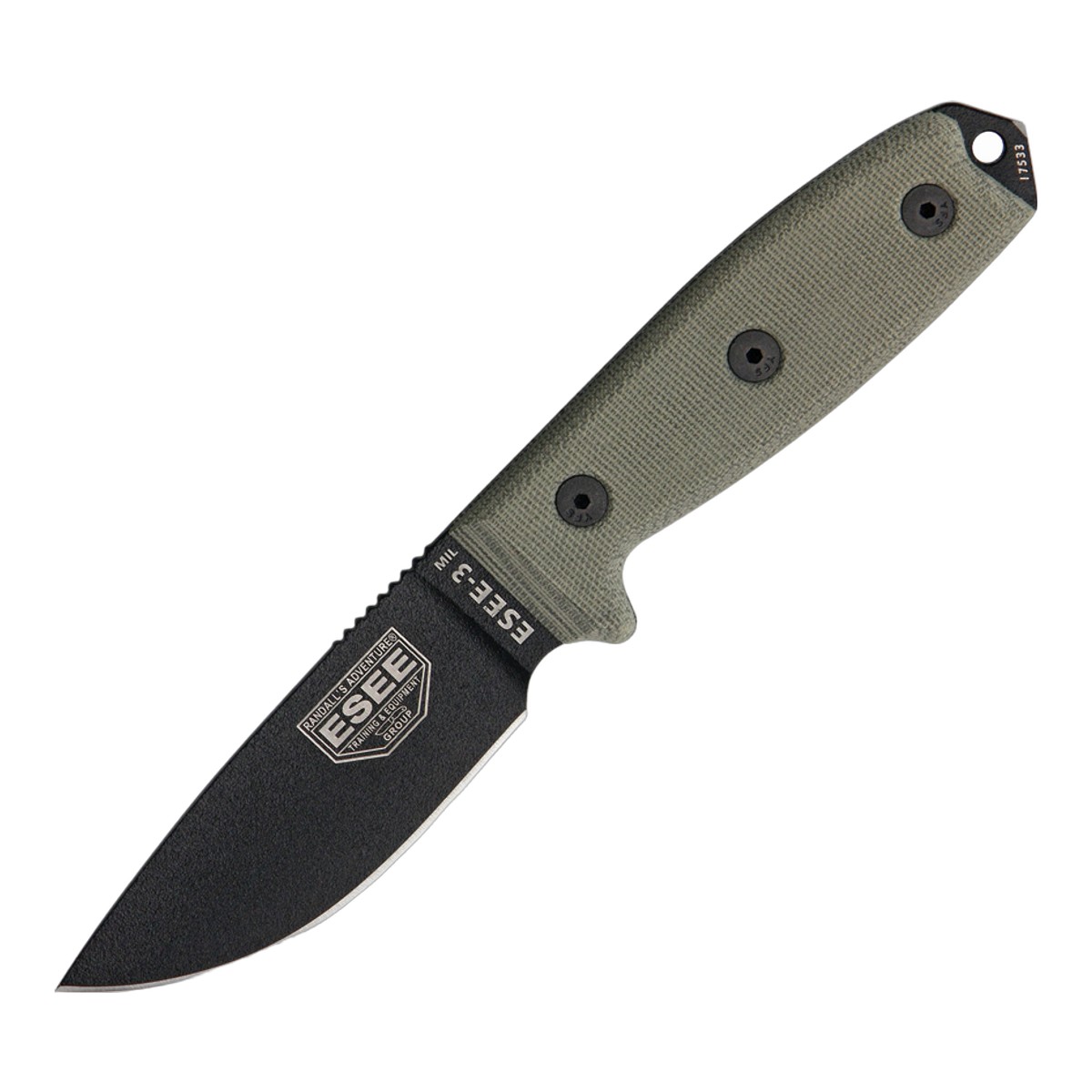 ■ESEE【ESEEナイブス】■ 「ESEE-3」MIL 【1095カーボン】【直刃】【グリーン マイカルタ】フィックスド ■新品■ ESEE 　無骨なコンパクトナイフ「ESEE-3」シリーズ ●ブラック1095ハイカーボン・ブレード 　　ESEEのマークがプリントされております ●フルタング構造 　　頑丈なフルタング構造 ●マイカルタ・ハンドル 　　ハンドルエンドにはガラスクラッシャー搭載 　　マイカルタはメンテナンス出来るようにトルクスネジで固定されております 　　ランヤードホール付き ●Molded・ベルトシース付属 　　クリッププレートが別途付属しており、好みの場所で固定可能 　　ナイロンシースにもできます 　　ベルトクリップ付き Made in the USA おすすめのジャストフィットナイフ！！！！ ESEE 　無骨なコンパクトナイフ「ESEE-3」シリーズ Made in the USA ■商品■ESEE-3■新品■ ■ブレード：約9.9cm(約3.3cm) ■刃幅：約3.1cm ■全長：約21.1cm ■ブレードマテリアル：1095 Carbon ■ブレードハードネス：55-57 Rc ■ハンドルマテリアル：Canvas Micarta ■シースマテリアル：Black molded plastic　nylon MOLLE compatible ■ウエイト：約146g ■Made in the USA ■ESEE【ESEEナイブス】■ 「ESEE-3」MIL 【1095カーボン】【直刃】【グリーン マイカルタ】フィックスド ■新品■ ＊箱無し商品です ■ESEE【ESEEナイブス】■ ランドール・アドベンチャー・トレーニングはプロ用のサバイバルトレーニングチームとして1997年に設立された。ジャングルなどを始めとする極限地帯での知識をフィードバックしてナイフをデザインしており、軍隊やローエンフォースメント向けのスペシャルナイフやギアをリリースしている。 イラク、アフガニスタンを始めとする世界中の戦闘地域にナイフを供給している。実践で使用されるタクティカルナイフのみの無骨なメーカーだる。 ■ ご購入前の注意点 ・製造時、輸送に伴う擦り傷、箱の凹み等ある場合がございます事、ご了承下さい。 ・写真、動画はサンプルとなります。 ・モニターの発色により実際と異なる場合があります。 【重要】この商品は当店実店舗でも販売しております。在庫数の更新は随時行っておりますが、お買い上げいただいた商品が、品切れになってしまうこともございます。 その場合、お客様には必ず連絡をさせていただきます。万が一入荷予定がない場合は、キャンセルさせていただく場合もございますことをあらかじめご了承ください。 刃物 渓流 シースナイフ ポケットナイフ フォールディングナイフ コンパクト 軽量 収納 登山 野外活動 フィールド 外あそびESEE社は1097年に設立されたサバイバルトレーニング学校「RAT（Randall's Adventure & Training）」が前身。アメリカの過酷なサバイバル環境から生まれた、世界的なミリタリー・アウトドアナイフブランド