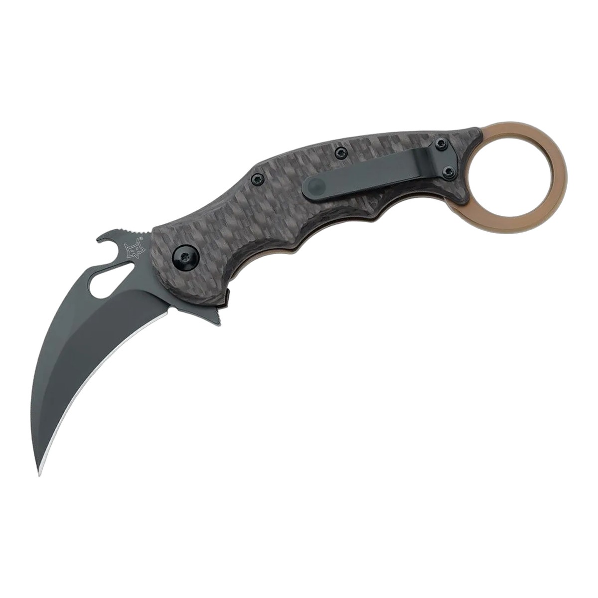 ■FOX KNIVES【フォックス ナイブス】■ 「FX-599TIC」カランビットフォルダー【ELMAX】【WAVE】【カーボンファイバー チタニウム】イタリア製 ■新品■ FOX KNIVES　カランビットフォルダー「FX-599TIC」 ●ホークビル ブレード 　　高級鋼材Elmax鋼 ●フリッパー 　　ブレードバックのノッチを押して簡単ブレードオープン ●WAVE機構 　　エマーソン社の特許機構　WAVEにて簡単ブレードオープニング ●フレームロック ●カーボンファイバー＋チタニウム・ハンドル 　　フィンガーリング Titanium coating ●ポケットクリップ付き 　　左右付け替え可能です ●ジッパーポーチ付属 　　FOXのマーク入り ●レンチ ●拭き取りクロス Made in Italy エマーソン　特許のWAVE機構 Made in Italy ■商品■新品■ ■ブレード：約6.3cm(約3mm） ■オープン：約17.5cm ■クローズ：約12.2cm ■ブレードマテリアル：ELMAX ■ブレードハードネス：HRC 59-61 ■ブレードコーティング：Black Top Shield ■ハンドルマテリアル：carbon fiber with titanium ■ウエイト：約68g ■Made in Italy ■FOX KNIVES【フォックス ナイブス】■ 「FX-599TIC」カランビットフォルダー【ELMAX】【WAVE】【カーボンファイバー チタニウム】イタリア製 ■新品■ ■ ご購入前の注意点 ・製造時、輸送に伴う擦り傷、箱の凹み等ある場合がございます事、ご了承下さい。 ・写真、動画はサンプルとなります。 ・モニターの発色により実際と異なる場合があります。 【重要】この商品は当店実店舗でも販売しております。在庫数の更新は随時行っておりますが、お買い上げいただいた商品が、品切れになってしまうこともございます。 その場合、お客様には必ず連絡をさせていただきます。万が一入荷予定がない場合は、キャンセルさせていただく場合もございますことをあらかじめご了承ください。