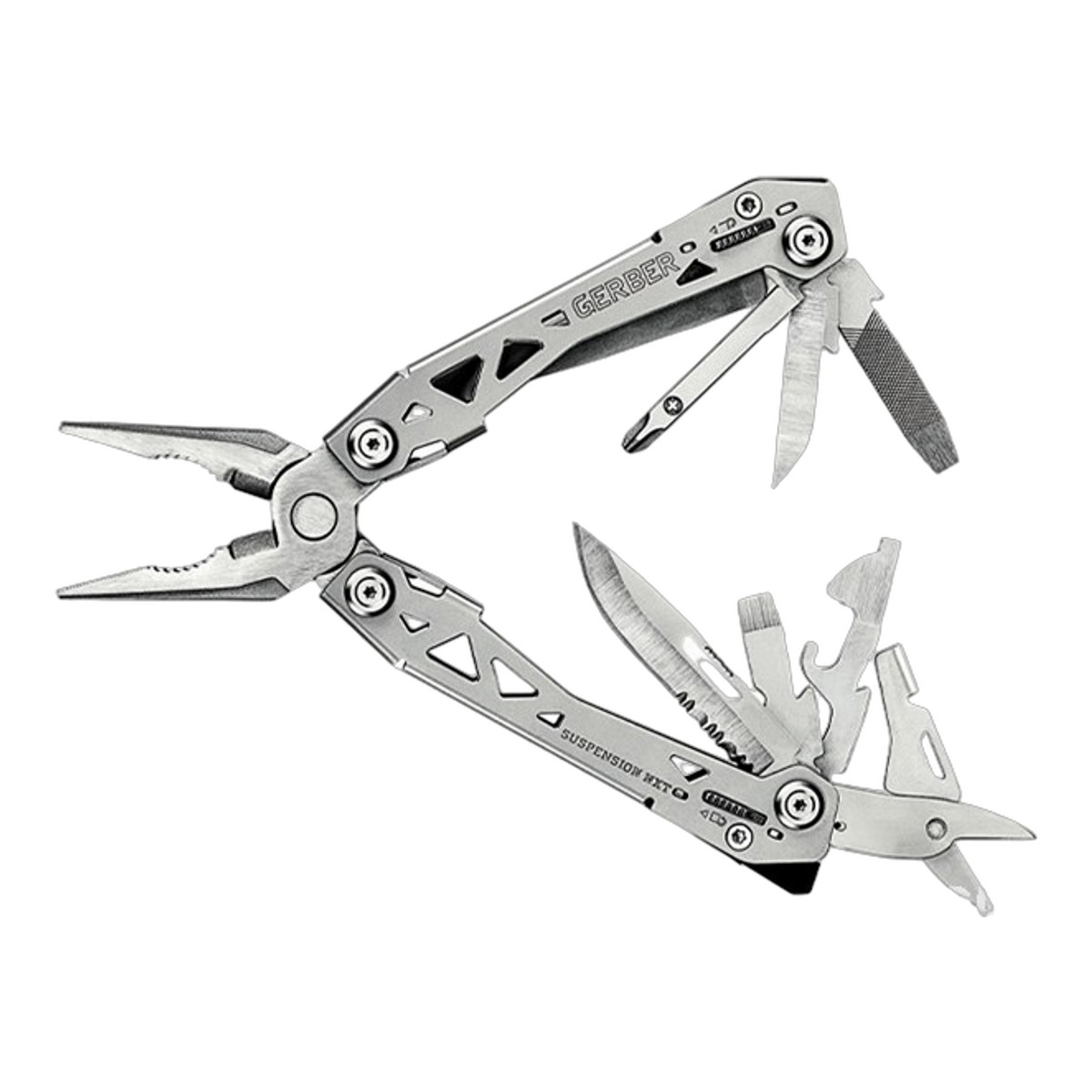 ■GERBER【ガーバー】■ サスペンションNXT マルチツール SUSPENSION ■新品■ ガーバー社　マルチツール「サスペンションNXT」 ●仕様● ●ニードルノーズプライヤー ●ワイヤーカッター ●ファインエッジナイフ ●セレーションナイフ ●千枚通し ●やすり ●定規 ●ハサミ ●マイナスドライバー（2種類） ●栓抜き ●缶きり より身近に使えるように最適化されたモデル プロフェッショナルから緊急時のバックアップまで使える　マルチツールです ●サスペンションNXT●マルチツールプライヤー● ターミネーターにも出てきたガーバー製のマルチツール ■商品■新品■ ■ブレード：約5.7mm(2.5mm) ■サスペンション 収納時サイズ：約10.5cm＊約5cm ■ウエイト：約189g ■GERBER【ガーバー】■ サスペンションNXT マルチツール SUSPENSION ■新品■ ■GERBER【ガーバー】 ■ GERBER【ガーバー】社は1939年にオレゴン州で創業した、世界でもっとも有名なマスプロ・ナイフ・メーカーである。ケルトの有名な伝説に出てくる岩に突き刺さった刃剣がトレードマークだ。切れ味と刃持ちのよさを信条とする同社のポリシーはその優れたナイフだけでなく、 アル・マー や カーショウ といった優れたナイフ関係者も生み出している。 ■ ご購入前の注意点 ・製造時、輸送に伴う擦り傷、箱の凹み等ある場合がございます事、ご了承下さい。 ・写真、動画はサンプルとなります。 ・モニターの発色により実際と異なる場合があります。 【重要】この商品は当店実店舗でも販売しております。在庫数の更新は随時行っておりますが、お買い上げいただいた商品が、品切れになってしまうこともございます。 その場合、お客様には必ず連絡をさせていただきます。万が一入荷予定がない場合は、キャンセルさせていただく場合もございますことをあらかじめご了承ください。 刃物 防災 渓流 フィッシング 固定刃 シースナイフ サバイバル ハンティング ハンター 薪割り フェザー ポケットナイフ フォールディングナイフ 緊急時 コンパクト 軽量 収納 登山 野外活動アメリカ伝統ブランド ガーバー社 昨今はアメリカ製に回帰。コンバットモデルからキャンプなどにも最適なアウトドア ナイフ モデル多数