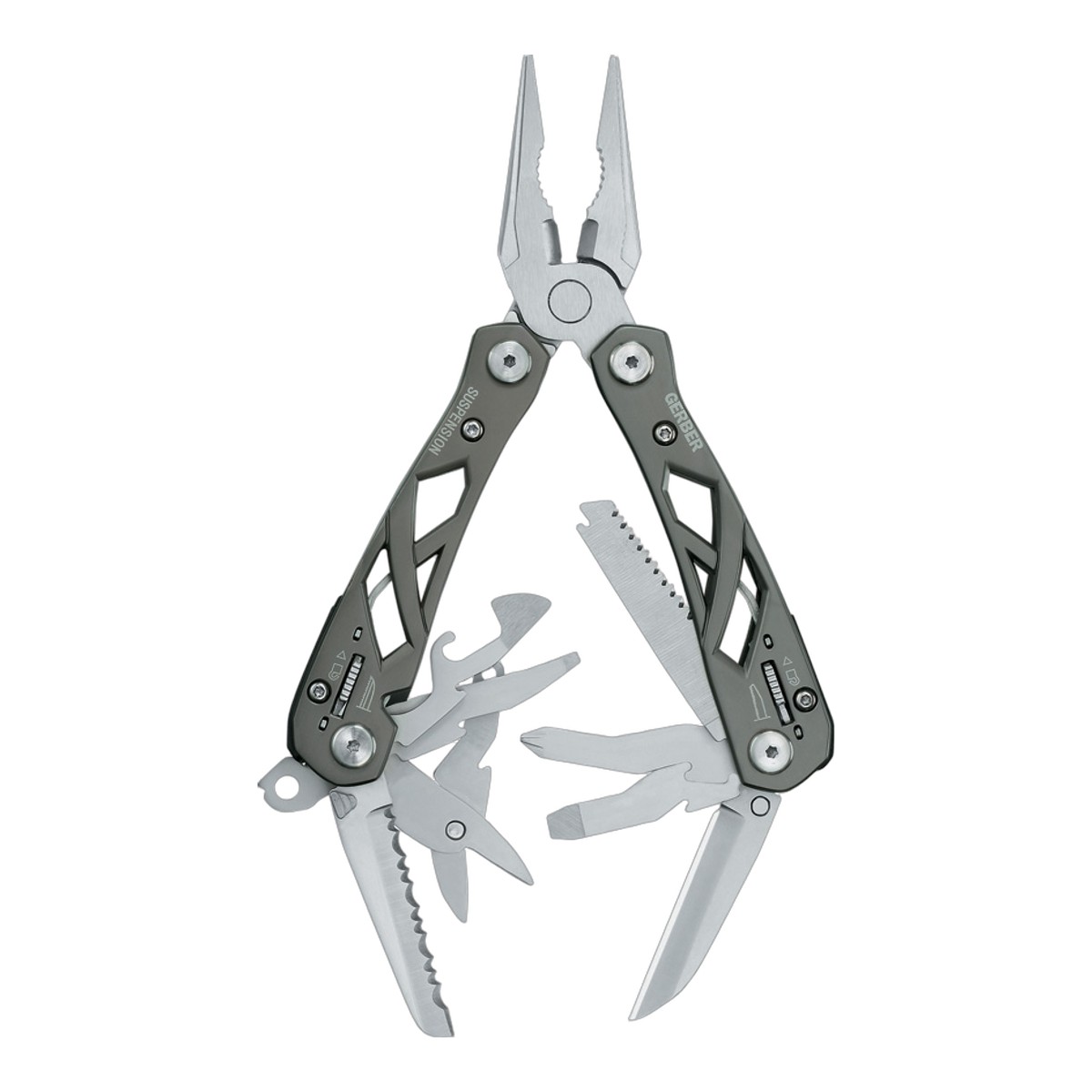 ■GERBER【ガーバー】■ サスペンション マルチツール 【12種】 SUSPENSION ■新品■ ●GERBER社のマルチツールプライヤー ●人間工学に基づきデザインされたボディ ●各ツールはロック機構「Saf.T.Plus」付で安心 ●スプリングアクション付きのプライヤー ●仕様● ●ニードルノーズプライヤー ●ワイヤーカッター ●ファインエッジナイフ（約5.2cm） ●セレーションナイフ ●ハサミ ●プラスドライバー ●マイナスドライバー（2種類） ●栓抜き ●缶きり ●のこぎり ●ランヤードリング 持っていると安心！ ターミネーターにも出てきたガーバー製のマルチツール ■商品■新品■ ■ブレード：約5.2cm(約2.3mm) ■シースマテリアル：Ballistic nylon 1471 ■GERBER【ガーバー】■ サスペンション マルチツール 【12種】 SUSPENSION ■新品■ ■GERBER【ガーバー】 ■ GERBER【ガーバー】社は1939年にオレゴン州で創業した、世界でもっとも有名なマスプロ・ナイフ・メーカーである。ケルトの有名な伝説に出てくる岩に突き刺さった刃剣がトレードマークだ。切れ味と刃持ちのよさを信条とする同社のポリシーはその優れたナイフだけでなく、 アル・マー や カーショウ といった優れたナイフ関係者も生み出している。 ■ ご購入前の注意点 ・製造時、輸送に伴う擦り傷、箱の凹み等ある場合がございます事、ご了承下さい。 ・写真、動画はサンプルとなります。 ・モニターの発色により実際と異なる場合があります。 【重要】この商品は当店実店舗でも販売しております。在庫数の更新は随時行っておりますが、お買い上げいただいた商品が、品切れになってしまうこともございます。 その場合、お客様には必ず連絡をさせていただきます。万が一入荷予定がない場合は、キャンセルさせていただく場合もございますことをあらかじめご了承ください。 刃物 防災 渓流 フィッシング 固定刃 シースナイフ サバイバル ハンティング ハンター 薪割り フェザー ポケットナイフ フォールディングナイフ 緊急時 コンパクト 軽量 収納 登山 野外活動アメリカ伝統ブランド ガーバー社 昨今はアメリカ製に回帰。コンバットモデルからキャンプなどにも最適なアウトドア ナイフ モデル多数