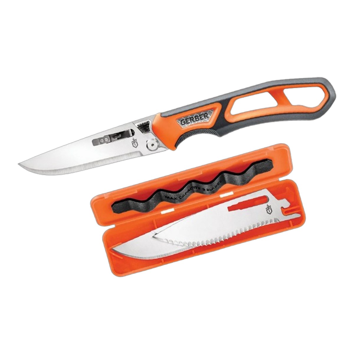 ■GERBER【ガーバー】■ ランディ ニューバーグ EBS 【440C】【3種ブレード】フィックスド Randy Newberg ハンター用モデル ■新品■ ガーバー社 ハンティングモデル「ランディ ニューバーグ EBS」 ●440Cステンレス ブレード 　　3種ブレード 　　　直刃2本 波刃1本 ●Split Sec Tech 　　ブレード交換機構 ●スケルトン ハンドル 　　反射板付き ●オレンジ シンセティック ハンドル バックストラップ、キャピング/ブレイクダウン、マルチパーパスのために交換可能な440Cブレード形状 スプリットSECテック機構でブレードを簡単に交換可能です 数十年の経験に裏打ちされ、目的に応じた機能が満載のランディ・ニューバーグEBS キャンプなどのアウトドアにも最適！ ■商品■Randy Newberg EBS■新品■ ■ブレード：約11.5cm ■ブレード：約9.5cm ■ブレード：約9.5cm ■ブレードマテリアル：440C stainless ■ハンドルマテリアル：Orange synthetic ■GERBER【ガーバー】■ ランディ ニューバーグ EBS 【440C】【3種ブレード】フィックスド Randy Newberg ハンター用モデル ■新品■ ■GERBER【ガーバー】 ■ GERBER【ガーバー】社は1939年にオレゴン州で創業した、世界でもっとも有名なマスプロ・ナイフ・メーカーである。ケルトの有名な伝説に出てくる岩に突き刺さった刃剣がトレードマークだ。切れ味と刃持ちのよさを信条とする同社のポリシーはその優れたナイフだけでなく、 アル・マー や カーショウ といった優れたナイフ関係者も生み出している。 ■ ご購入前の注意点 ・製造時、輸送に伴う擦り傷、箱の凹み等ある場合がございます事、ご了承下さい。 ・写真、動画はサンプルとなります。 ・モニターの発色により実際と異なる場合があります。 【重要】この商品は当店実店舗でも販売しております。在庫数の更新は随時行っておりますが、お買い上げいただいた商品が、品切れになってしまうこともございます。 その場合、お客様には必ず連絡をさせていただきます。万が一入荷予定がない場合は、キャンセルさせていただく場合もございますことをあらかじめご了承ください。 刃物 渓流 シースナイフ ポケットナイフ フォールディングナイフ コンパクト 軽量 収納 登山 野外活動 フィールド 外あそびアメリカ伝統ブランド ガーバー社 昨今はアメリカ製に回帰。コンバットモデルからキャンプなどにも最適なアウトドア ナイフ モデル多数