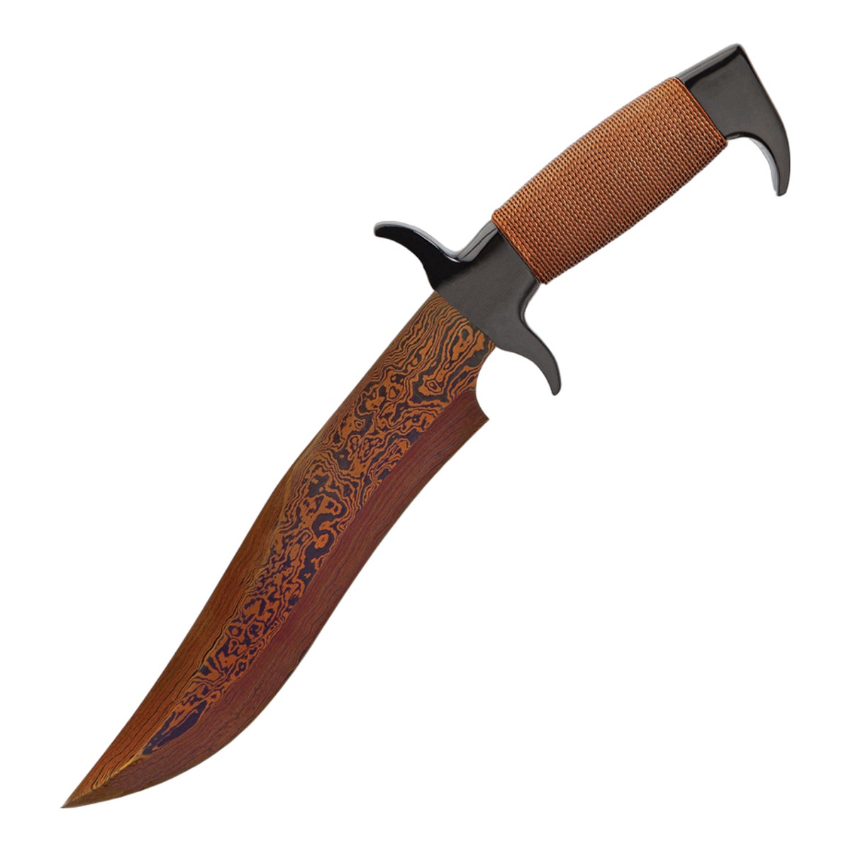 ■Gil Hibben【ギル・ヒブン】■ ハイランダー ボウイ HellFyre ダマスカスナイフ 【ダマスカス鋼】Highlander Bowie ■新品■ ランボーナイフをデザインしたギル・ヒブン氏によりデザインされた 大型ボウイナイフ 全長　35cmオーバーの迫力ナイフ ●大型ダマスカス鋼 ボウイ・ブレード 　　ホローグラインド ●ステンレス・ハンドル 　　ステンレスのコードを巻いたようなデザインになっております 　　ガード付き ●レザーベルトシース付属 　　しっかりとしたレザーシースが付属します 　　レッグタイ付き ヒブンらしいコンバットナイフです ■商品■Highlander Bowie■新品■ ■ブレード：約22cm（約5.7mm） ■全長：約34.8cm ■ブレードマテリアル：Damascus steel ■ハンドルマテリアル：stainless steel ■シースマテリアル：Leather ■ウエイト：約592g ■Gil Hibben【ギル・ヒブン】■ ハイランダー ボウイ HellFyre ダマスカスナイフ 【ダマスカス鋼】Highlander Bowie ■新品■ ■Hibben【ヒブン ナイブス】■ ナイフメーカー　ギル・ヒブン氏はランボーナイフをデザインしたことでも知られる著名なナイフメーカーだ。ケンタッキー州ラグレーンジに拠点をおく氏はナイフメーカーという枠組みだけでなく唄はうまくカラテ拳法のインストラクターでもあります。1956年に米海軍を辞めてシアトルで機械工として働きながら金属の特製を学びパートタイムでのナイフメーカーとしてスタートしました。その後　ソルトレイクシティでフルタイムのナイフメーカーとして再出発。定番とも言えるんナイフ鋼材440Cステンレスは彼が初めてナイフの鋼材に採用しました。その後アラスカで狩猟のガイドを経験をフィードバックしながらのナイフ製作。後にスタローンの目に止まりランボーIII、IVでのナイフを製作した事はあまりにも有名だ。幅広い専門知識をフィードバックしながら様々なスタイルのナイフデザインをしている。本来　カスタムナイフだが、ここではヒブンブランドとして販売しているナイフも紹介させて頂きます。 ■ ご購入前の注意点 ・製造時、輸送に伴う擦り傷、箱の凹み等ある場合がございます事、ご了承下さい。 ・写真、動画はサンプルとなります。 ・モニターの発色により実際と異なる場合があります。 【重要】この商品は当店実店舗でも販売しております。在庫数の更新は随時行っておりますが、お買い上げいただいた商品が、品切れになってしまうこともございます。 その場合、お客様には必ず連絡をさせていただきます。万が一入荷予定がない場合は、キャンセルさせていただく場合もございますことをあらかじめご了承ください。 アウトドアナイフ 刃物 防災 渓流 フィッシング 固定刃 シースナイフ サバイバル ハンティング ハンター 薪割り フェザー ポケットナイフ フォールディングナイフ 緊急時 コンパクト 軽量 収納 登山 野外活動アメリカの伝説的なカスタムナイフメイカーであるギル・ヒブン氏が手掛けるブランド