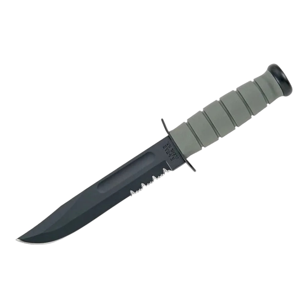 ■KA-BAR【ケー・バー】■ 7インチ サバイバルナイフ 【1085カーボン】【波刃】【グリーン】【クラトン】5012 ■新品■ 切れ味抜群のサバイバルナイフ ●ブラックブレード 　　1095カーボンスチール 　　ロープ切断に威力を発揮する波刃付き 　　精悍なブラッドグルーブが刻まれております ●クラトン・ハンドル 　　濡れた手でもしっかりと握れます ●ベルトシース付属 　　多機能ハードベルトシースが付属します ＊カラーはグリーンとなっておりますが殆ど灰色なグリーンです 精悍なアウトドアシーンで活躍するナイフ ■商品■5012■新品■ ■ブレード：約17.8cm（約4.3mm） ■全長：約29.9cm　 ■ブレードマテリアル：1095 Carbon ■ブレードハードネス：HRC56-58 ■ハンドルマテリアル：Foliage Green Kraton ■シースマテリアル：Hard Foliage Green sheath Knife Made in USA ■KA-BAR【ケー・バー】■ 7インチ サバイバルナイフ 【1085カーボン】【波刃】【グリーン】【クラトン】5012 ■新品■ ■KA-BAR【ケーバー】■ カーバー ケイバー■ 英国の有名なシェフィールド・カトラリー社に勤めていたナイフメーカーが少数人集まり，ニューイングランド州に小さな工場を建てたのがKA-BARのルーツ。それは，200年以上も前にさかのぼる。この伝統的な老舗メーカーは1800年代になると，ニューイングランド州からウェスターン・ニューヨークと北ペンシルベニアの辺りに拠点を移した。その時　38人で作った会社が今のKA-BAR社の歴史の始まりだ。イギリス発祥の会社はその伝統をアメリカに持ち込みハイクオリティーなナイフを作り続けている 「kill a bear」　熊ハンターが使用していたナイフに感謝し送られてきた手紙に荒々しくこう書いてありました　「k a bar」。会社はそれを商標「KA-BAR」として採用したのでした。第2次世界大戦時に海兵隊で使用され、その後　海軍、沿岸警備隊等の軍隊にも採用されました。非公式ながら朝鮮、ベトナム、イラクでも戦争でも使用されています ■ ご購入前の注意点 ・製造時、輸送に伴う擦り傷、箱の凹み等ある場合がございます事、ご了承下さい。 ・写真、動画はサンプルとなります。 ・モニターの発色により実際と異なる場合があります。 【重要】この商品は当店実店舗でも販売しております。在庫数の更新は随時行っておりますが、お買い上げいただいた商品が、品切れになってしまうこともございます。 その場合、お客様には必ず連絡をさせていただきます。万が一入荷予定がない場合は、キャンセルさせていただく場合もございますことをあらかじめご了承ください。