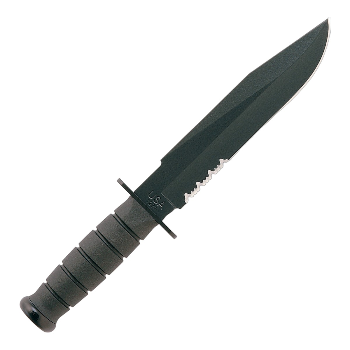 ■KA-BAR【ケー・バー】■ ブラックファイター 1271【1095カーボン】【波刃】【クラトン】サバイバルナイフ ■新品■ 伝統 カーバー社 サバイバルナイフ ●ブラックブレード 　　1095カーボンスチール 　　ロープ切断に威力を発揮する波刃付き ●クラトン ハンドル 　　濡れた手でもしっかりと握れるラバー素材 クラトン ガード付き ●ハードプラスチック ベルトシース付属 　　 Made in the USA 精悍なアウトドアシーンで活躍するナイフ Made in the USA ■商品■1271■新品■ ■ブレード：約20.3cm（約4.3mm） ■全長：約32.5cm　 ■ブレードマテリアル：black epoxy powder coated 1095 cro-van steel ■ブレードハードネス：HRC56-58 ■ハンドルマテリアル：Black Kraton G handle ■シースマテリアル：hard plastic ■ウエイト：約350g ■Knife Made in USA ■KA-BAR【ケー・バー】■ ブラックファイター 1271【1095カーボン】【波刃】【クラトン】サバイバルナイフ ■新品■ ■KA-BAR【ケーバー】■ カーバー ケイバー■ 英国の有名なシェフィールド・カトラリー社に勤めていたナイフメーカーが少数人集まり，ニューイングランド州に小さな工場を建てたのがKA-BARのルーツ。それは，200年以上も前にさかのぼる。この伝統的な老舗メーカーは1800年代になると，ニューイングランド州からウェスターン・ニューヨークと北ペンシルベニアの辺りに拠点を移した。その時　38人で作った会社が今のKA-BAR社の歴史の始まりだ。イギリス発祥の会社はその伝統をアメリカに持ち込みハイクオリティーなナイフを作り続けている 「kill a bear」　熊ハンターが使用していたナイフに感謝し送られてきた手紙に荒々しくこう書いてありました　「k a bar」。会社はそれを商標「KA-BAR」として採用したのでした。第2次世界大戦時に海兵隊で使用され、その後　海軍、沿岸警備隊等の軍隊にも採用されました。非公式ながら朝鮮、ベトナム、イラクでも戦争でも使用されています ■ ご購入前の注意点 ・製造時、輸送に伴う擦り傷、箱の凹み等ある場合がございます事、ご了承下さい。 ・写真、動画はサンプルとなります。 ・モニターの発色により実際と異なる場合があります。 【重要】この商品は当店実店舗でも販売しております。在庫数の更新は随時行っておりますが、お買い上げいただいた商品が、品切れになってしまうこともございます。 その場合、お客様には必ず連絡をさせていただきます。万が一入荷予定がない場合は、キャンセルさせていただく場合もございますことをあらかじめご了承ください。