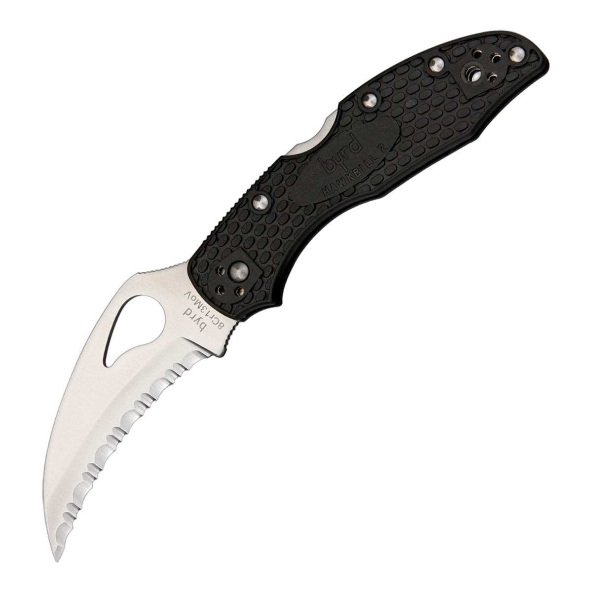 ■Spyderco【スパイダルコ】■ byrd ホークビル Hawkbill ■新品■ ●ホークビル 全波刃のブレード ●滴状のサムホールでワンハンドでのブレードオープンが容易 ●細かいチェッカリングの入った軽量でタフなFRNハンドル ●信頼のバックロック機構 byrd:スパイダルコ社が立ち上げたコストパフォーマンスの高いモデルをリリースするブランド ■商品■Hawkbill■新品■ ■ブレード：約7.4m（約2.5mm） ■オープン：約17.3cm ■クローズ：約10.2cm ■ブレードマテリアル：8Cr13MoV ■ハンドルマテリアル：FRN ■Spyderco【スパイダルコ】■ byrd ホークビル Hawkbill ■新品■ ■Spyderco【スパイダルコ】■ スパイダルコ社は、約20年前にコロラド州デンバーに設立。スパイダルコ社を一躍有名にしたクリピット・ナイフは、社長サール・グレツサーの画期的なアイデアによって誕生しました。アイデアマンの彼は数々のアイデアを製品に反映させています。サムホールと呼ばれるブレードに穴を開けた新円のデザインは、同社がパテントを取得しており、ワンハンドでのブレードのオープンクローズもスタッドを取り付けたタイプと違ってかさばらなくスマートに行えます。同社は波刃の製造技術が大変優れていることでも知られています。比較的新しいメーカーですがデザイン、品質ともに高く、精力的にラインナップを増やして続けています。 1991年、スウェーデンのエベレスト登頂隊とアメリカのエベレスト登頂隊が, ともにスパイダルコナイフを採用した話は有名。余談ですが波刃でもきれいにリンゴが剥けます！ 現在ヤフーオークション等でスパイダルコブランドコピー商品が数多く出回っております 当店では正規品保障 ■ ご購入前の注意点 ・製造時、輸送に伴う擦り傷、箱の凹み等ある場合がございます事、ご了承下さい。 ・写真、動画はサンプルとなります。 ・モニターの発色により実際と異なる場合があります。 【重要】この商品は当店実店舗でも販売しております。在庫数の更新は随時行っておりますが、お買い上げいただいた商品が、品切れになってしまうこともございます。 その場合、お客様には必ず連絡をさせていただきます。万が一入荷予定がない場合は、キャンセルさせていただく場合もございますことをあらかじめご了承ください。
