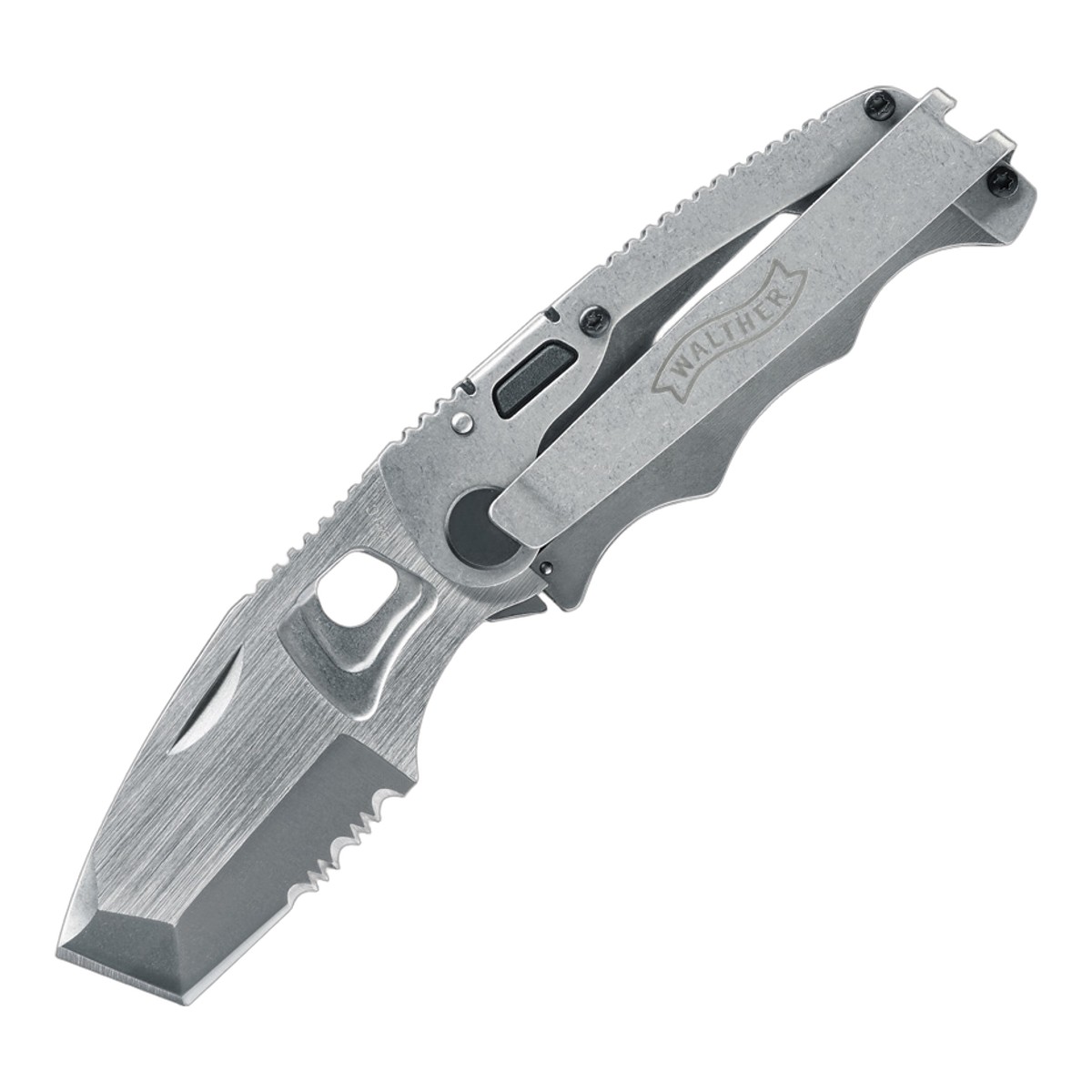 ■WALTHER【ワルサー】■ CFK ナイフ 【440C】【波刃】【ステンレス】折りたたみ ■新品■ ユニークなスタイルのフォールディングナイフ「CFK」 ●チーセル・ブレード 　　ネイルマーク入り ●フレームロック ●ステンレス・ハンドル ●ポケットクリップ付き ユニークなスタイル　 ■商品■CFK Chisel■新品■ ■ブレード：約6.2cm（約3mm） ■エッジ：約4.1cm ■刃幅：約2.9cm ■オープン：約14.3cm ■クローズ：約8.2cm ■ブレードマテリアル：440C stainless ■ハンドルマテリアル：stainless ■ウエイト：約77g ■WALTHER【ワルサー】■ CFK ナイフ 【440C】【波刃】【ステンレス】折りたたみ ■新品■ ■WALTHER【ワルサー】■ WALTHER【ワルサー】社は1886年ドイツに創業した銃器メーカー。セミオート拳銃のメカニズムを基礎メカニズムを確立後　ダブルアクションを早く実用化するなど先進的な技術メーカーである。ルパン3世でも有名なワルサーP38はドイツ軍の正式採用拳銃である。映画007でジェームスボンドが使用する拳銃も同社製だ。最近ではポリマーフレームを採用したP99はドイツの標準拳銃の指定を受けた。 ■ ご購入前の注意点 ・製造時、輸送に伴う擦り傷、箱の凹み等ある場合がございます事、ご了承下さい。 ・写真、動画はサンプルとなります。 ・モニターの発色により実際と異なる場合があります。 【重要】この商品は当店実店舗でも販売しております。在庫数の更新は随時行っておりますが、お買い上げいただいた商品が、品切れになってしまうこともございます。 その場合、お客様には必ず連絡をさせていただきます。万が一入荷予定がない場合は、キャンセルさせていただく場合もございますことをあらかじめご了承ください。