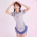 夏 リゾート プール レディース水着 レディース ビーチ かわいい パフスリーブ ドローストリング スカート ラム プリント ワンピース 水着 フレンチ お腹 カバー スリミング ガール(4)