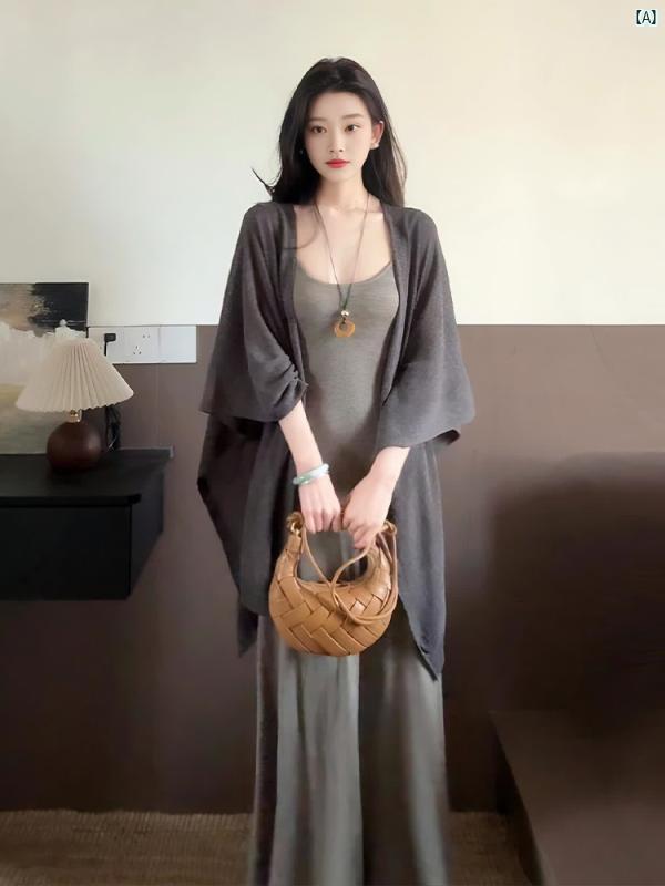 春　秋コーデ　ファッション オールド マネー グレー サスペンダー ドレス ショール レディース アウターウェアノー コリジョン ウェア たり 上品 スーツ スカート