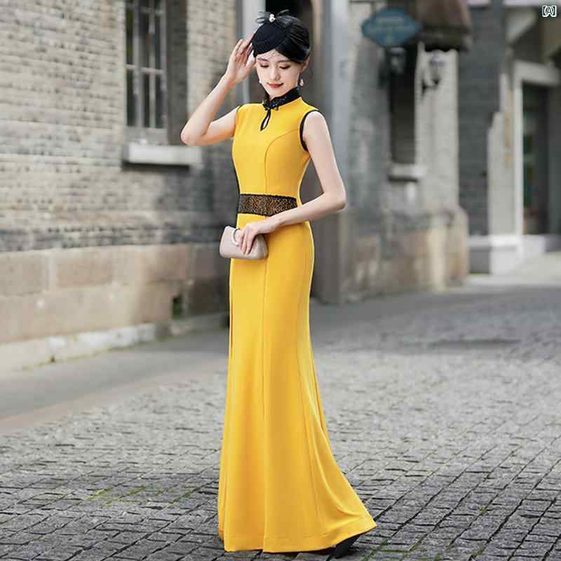 キャットウォーク チャイナ ドレス 2025 高級感 漂う ステージ 上品 パフォーマンス 衣装 ロング 丈 イエロー