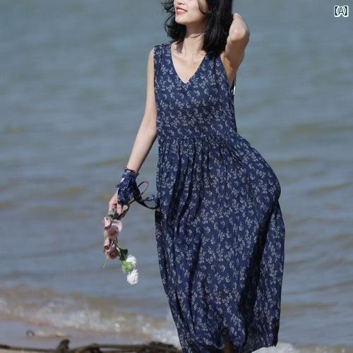 花 ラミー ノースリーブドレス レディース 夏 大きいサイズ 薄手 ベスト サスペンダー スカート ガール ベリー カバー プリントコットン リネン ロング