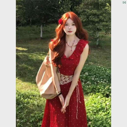 フランス レッド Vネック 小柄 フライング スリーブ ドット ドレス 夏 レディース 服 海辺 休暇 スリム ロング スカート フランス レッド Vネック 小柄 フライング スリーブ ドット ドレス 夏 レディース 服 海辺 休暇 スリム ロング スカート