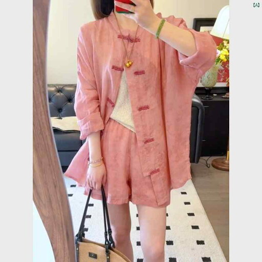中華風 レディース 桃色 ラミー 日焼け防止 スーツ 夏 シャツ ショート パンツ 瞑想 2点 中華風 レディース 桃色 ラミー 日焼け防止 スーツ 夏 シャツ ショート パンツ 瞑想 2点