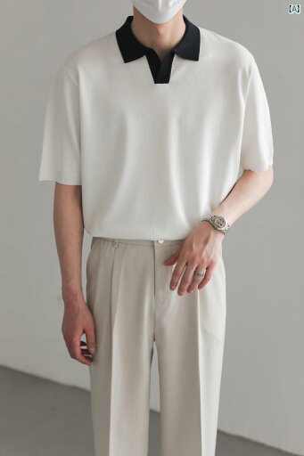 夏 トップス 韓国 コントラスト ニット ポロシャツ メンズ 半袖 Tシャツ 夏 トップス 韓国 コントラスト ニット ポロシャツ メンズ 半袖 Tシャツ