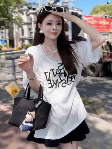 韓国 レース ステッチ ラウンドネック 半袖 Tシャツ レディース 夏 ファッション レター プリント たり カジュアル トップス 韓国 レース ステッチ ラウンドネック 半袖 Tシャツ レディース 夏 ファッション レター プリント たり カジュアル トップス