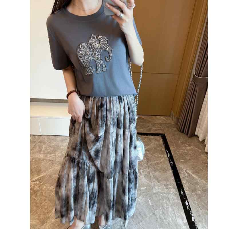 2025 夏 フレンチ レトロ タイダイ柄 スカート レディース ハイウエスト スリム ミディアム ロング Aラインイン アンブレラ
