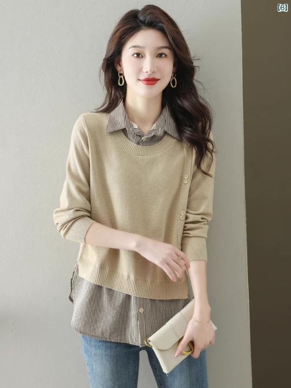 2025 シャツ スプライシング フェイク 2点 セーター レディース たり ストライプセーター トップ