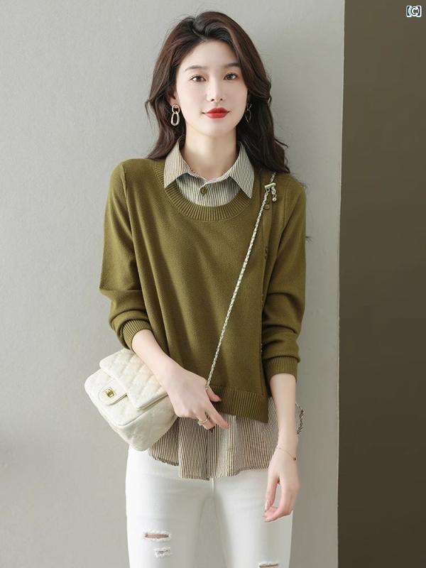 2025 シャツ スプライシング フェイク 2点 セーター レディース たり ストライプセーター トップ