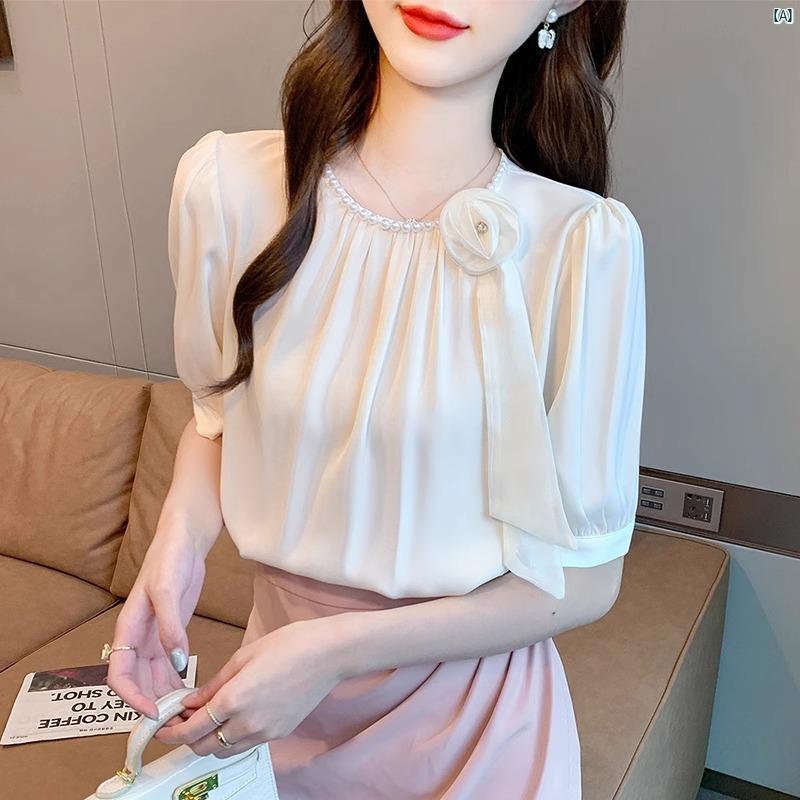 ストリーマー パール ラウンドネック 半袖 シフォンシャツ レディース サマー 2025 夏 フレンチ ユニーク 小柄 トップ