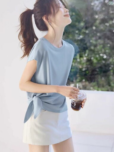 夏 レディース ラウンドネック 半袖 Tシャツ 韓国 裾 ストラップ ストレート ショルダー トップ 夏 レディース ラウンドネック 半袖 Tシャツ 韓国 裾 ストラップ ストレート ショルダー トップ