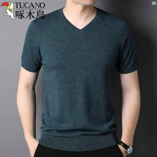 ウッドペッカー メンズ 夏用 毛 半袖 Tシャツ 若 男性用 Vネック セーター ウッドペッカー メンズ 夏用 毛 半袖 Tシャツ 若 男性用 Vネック セーター
