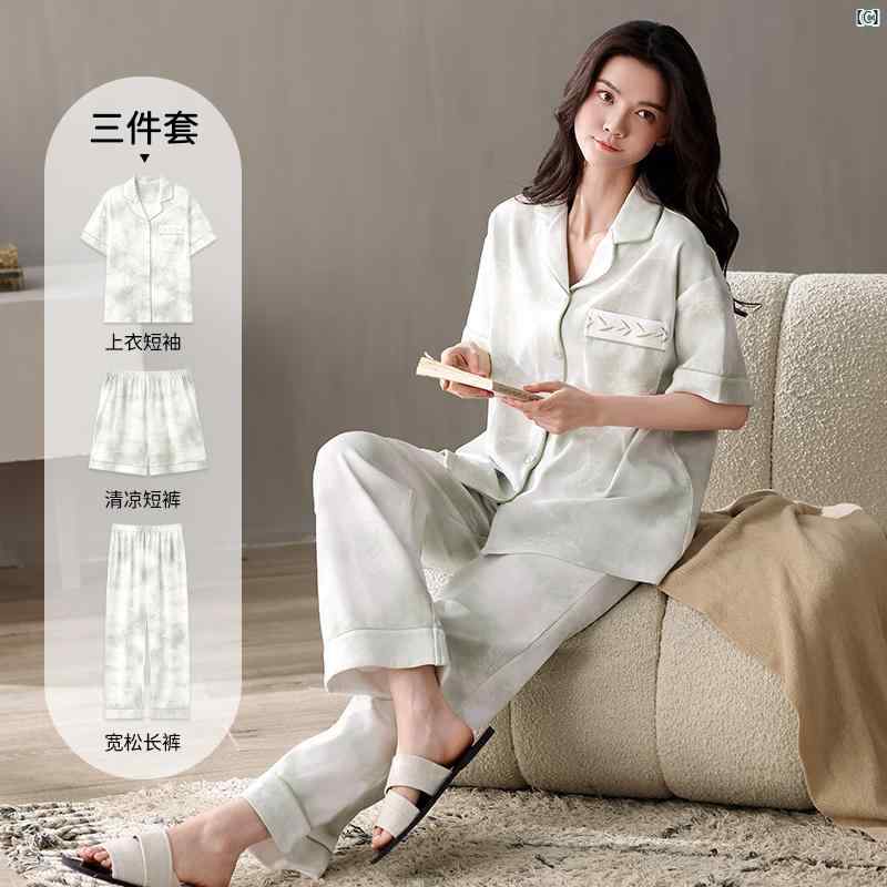 レディース パジャマ 2025 夏 コットン 半袖 ズボン スリーピーススーツ ピンク ホームウェア