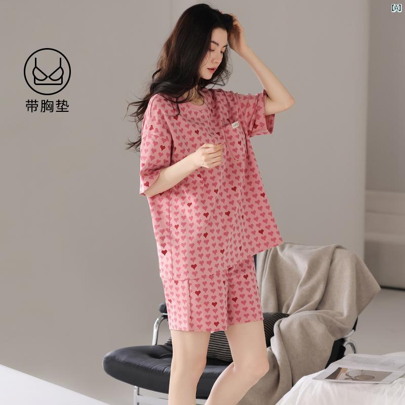 レディース パジャマ 2025 夏 コットン 生地 100 % 胸パッド付き ラブ ホームウェア