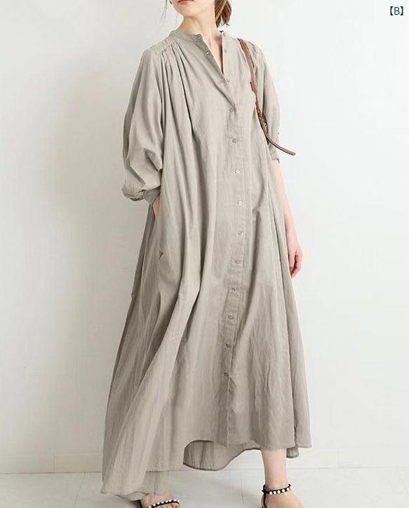 カウンター カットラベル たり 大きいサイズ シャツ ドレス 膝丈 コットン リネン 長袖