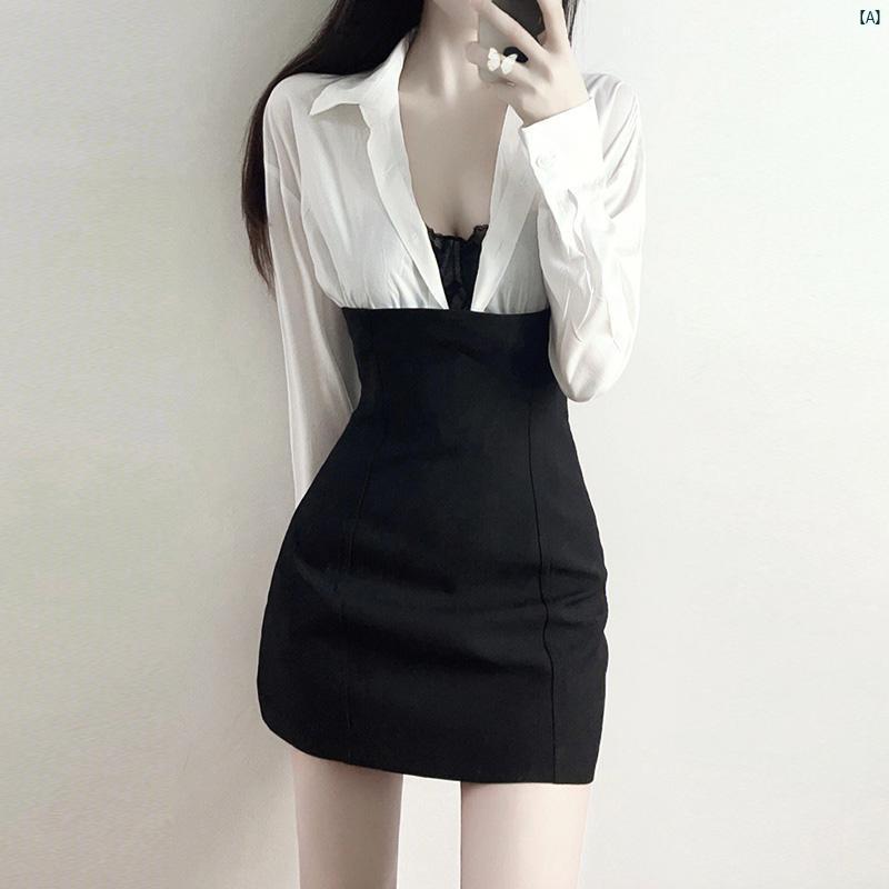 300 Jin 大きめ サイズ 魅惑的 スタイリッシュ ガール シャツ スカート スプライシング フェイク 2点 ドレス mm スリミング ヒップ