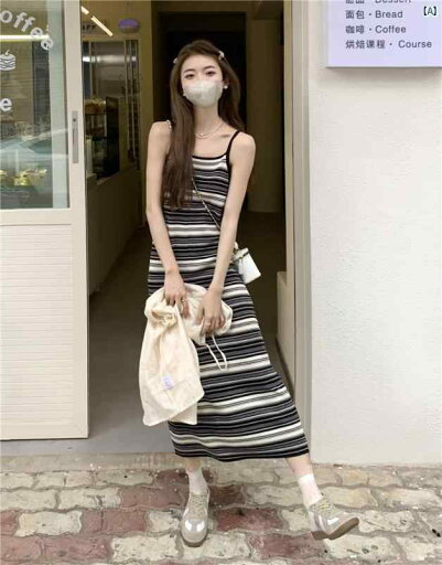 レディース ファッション 夏 フランス ハイエンド ストレート レッグ フィット スリミング サスペンダー スカート ストライプ 冷感 ニット ドレス レディース ファッション 夏 フランス ハイエンド ストレート レッグ フィット スリミング サスペンダー スカート ストライプ 冷感 ニット ドレス