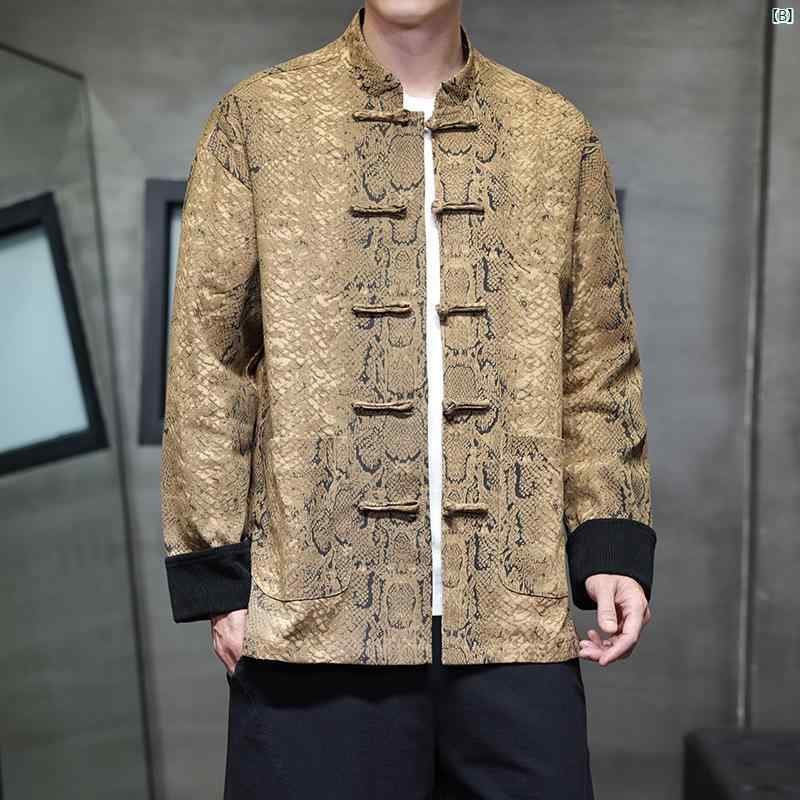 中華風 メンズジャケット 春秋 レトロ ボタン 付き パイソン 柄 唐装 漢服 たり 大きいサイズ ジャケット