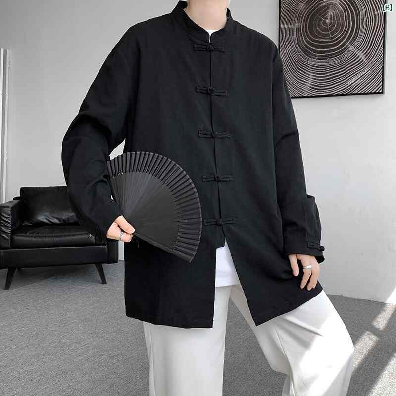 春夏 薄手 長袖 シャツ メンズ 中華風 大きいサイズ 中国 ボタン 唐装 漢服 通気性 中山 スーツ トップ