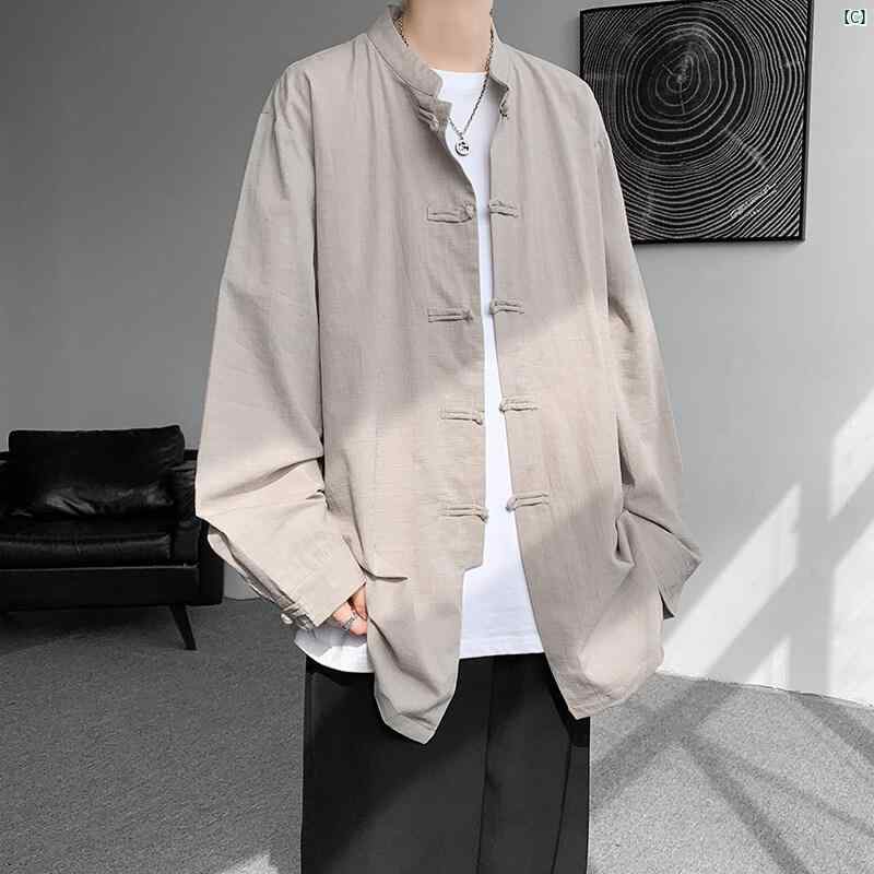 春夏 薄手 長袖 シャツ メンズ 中華風 大きいサイズ 中国 ボタン 唐装 漢服 通気性 中山 スーツ トップ