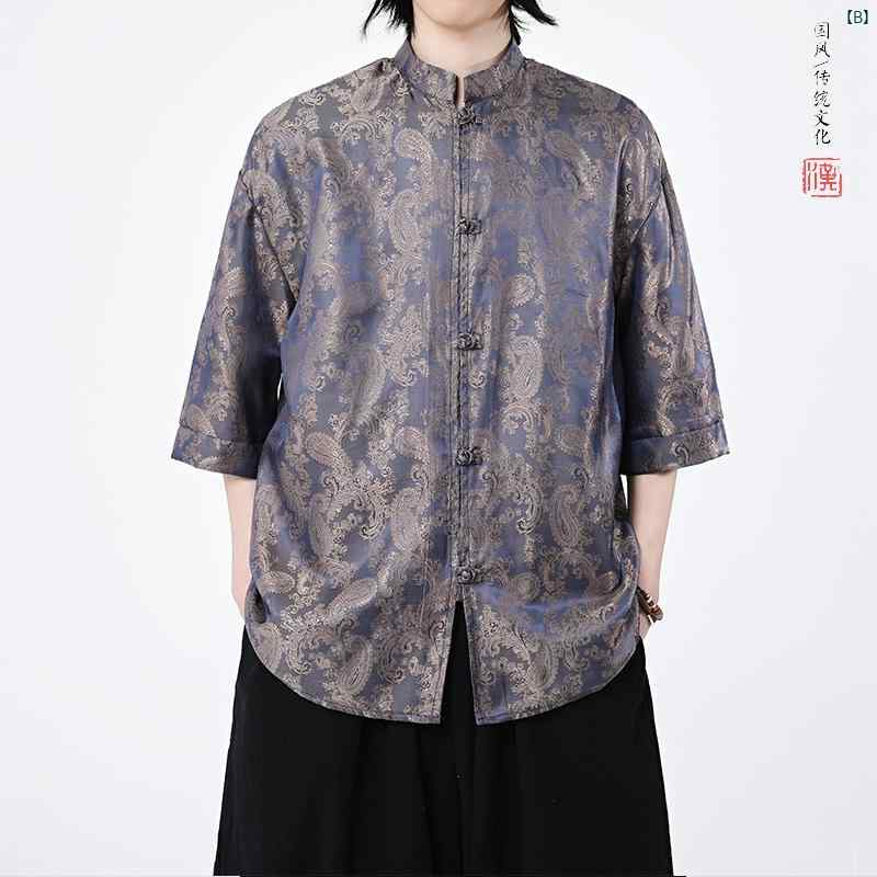 夏 薄手 中華風 半袖 シャツ 中国 男性 スタンドカラー ボタン 付き 唐装 レトロ カシュー 花 トップ 服
