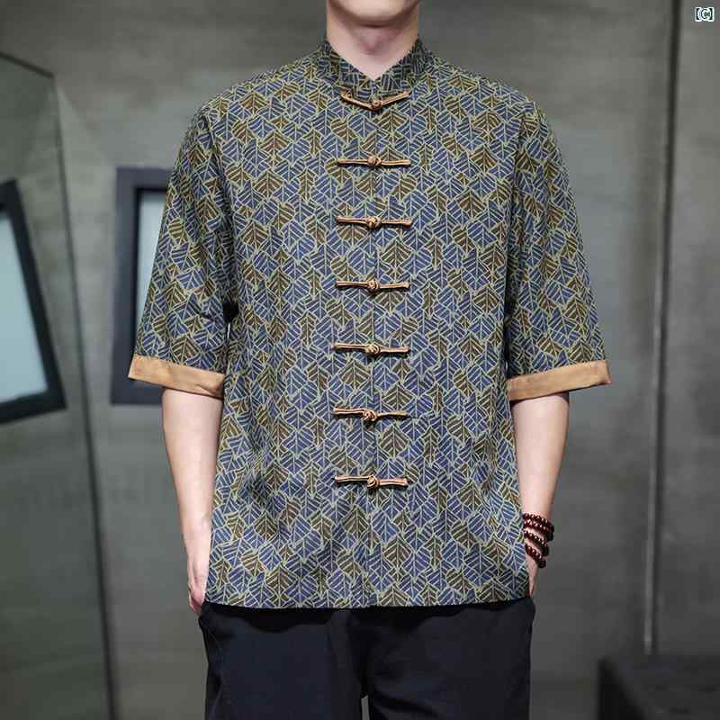 メンズ コットンリネン 半袖 シャツ 夏 薄手 中華風 レトロ カジュアル 花柄 大きいサイズ たり 中国 唐装