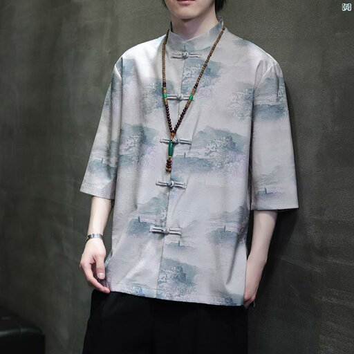 男性用 半袖 シャツ 夏 新 中華風 メンズカジュアル スタンドカラー プリント レトロ 唐 スーツ 男性用 半袖 シャツ 夏 新 中華風 メンズカジュアル スタンドカラー プリント レトロ 唐 スーツ