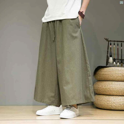 ストライプ コットン リネン カジュアル 九分丈 パンツ メンズ キュロット 夏 大きめ サイズ フレア ワイド レッグ ストライプ コットン リネン カジュアル 九分丈 パンツ メンズ キュロット 夏 大きめ サイズ フレア ワイド レッグ