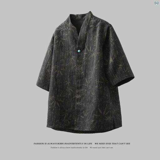夏 中華風 Vネック 半袖 シャツ 男性用 薄手 漢服 ジャカード 隠し ボタン ティー スーツ 五分袖 夏 中華風 Vネック 半袖 シャツ 男性用 薄手 漢服 ジャカード 隠し ボタン ティー スーツ 五分袖